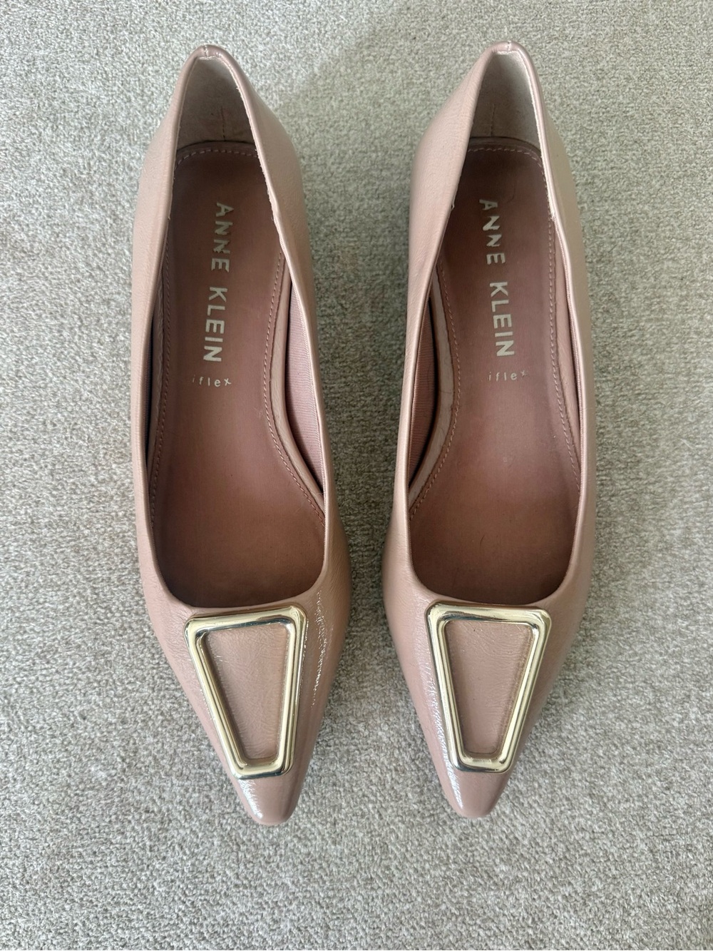 Anne Klein Cavina Loafers Pointed Toe Metal Hardware Nude Patent 2in. Heels